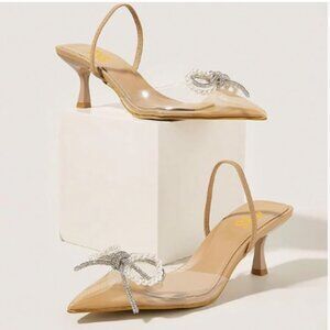 FYS Sandy Brown Beaded Clear High Heels Rhinestone Bow Slingback Slip On Sandal